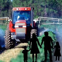 silhouette of a family on a farm crop field where a tractor is spraying pesticides and herbicides
