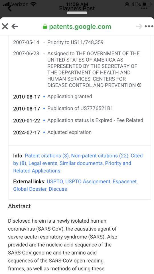 SARS Virus Patent