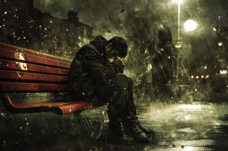 Man On Park Bench In Rain