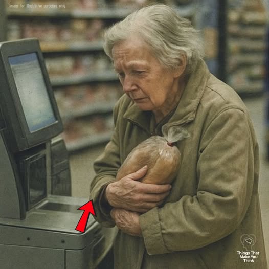 Lady With Bread At Self-Checkout