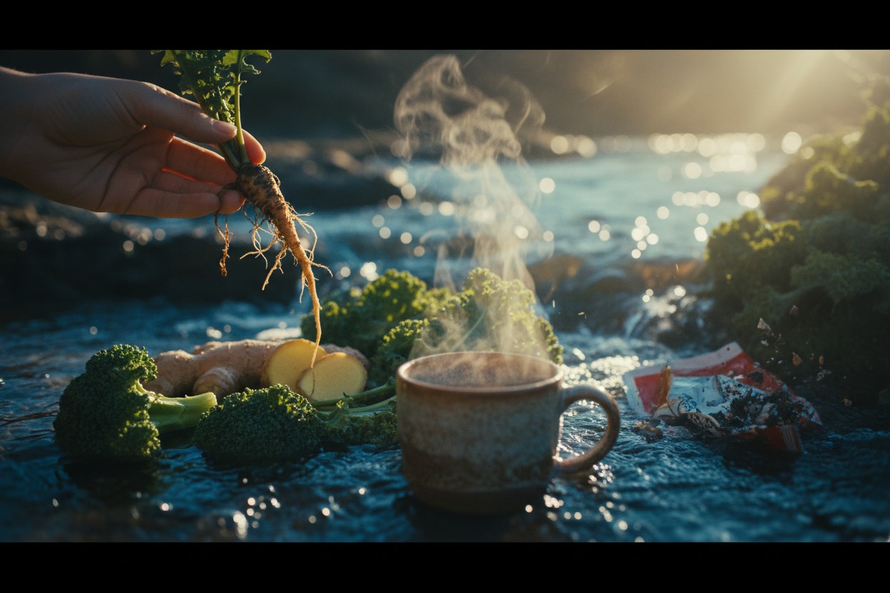 Foods On Background Of Flowing Water