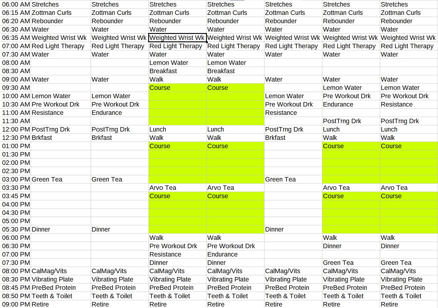 Diet and Exercise Block Timetable